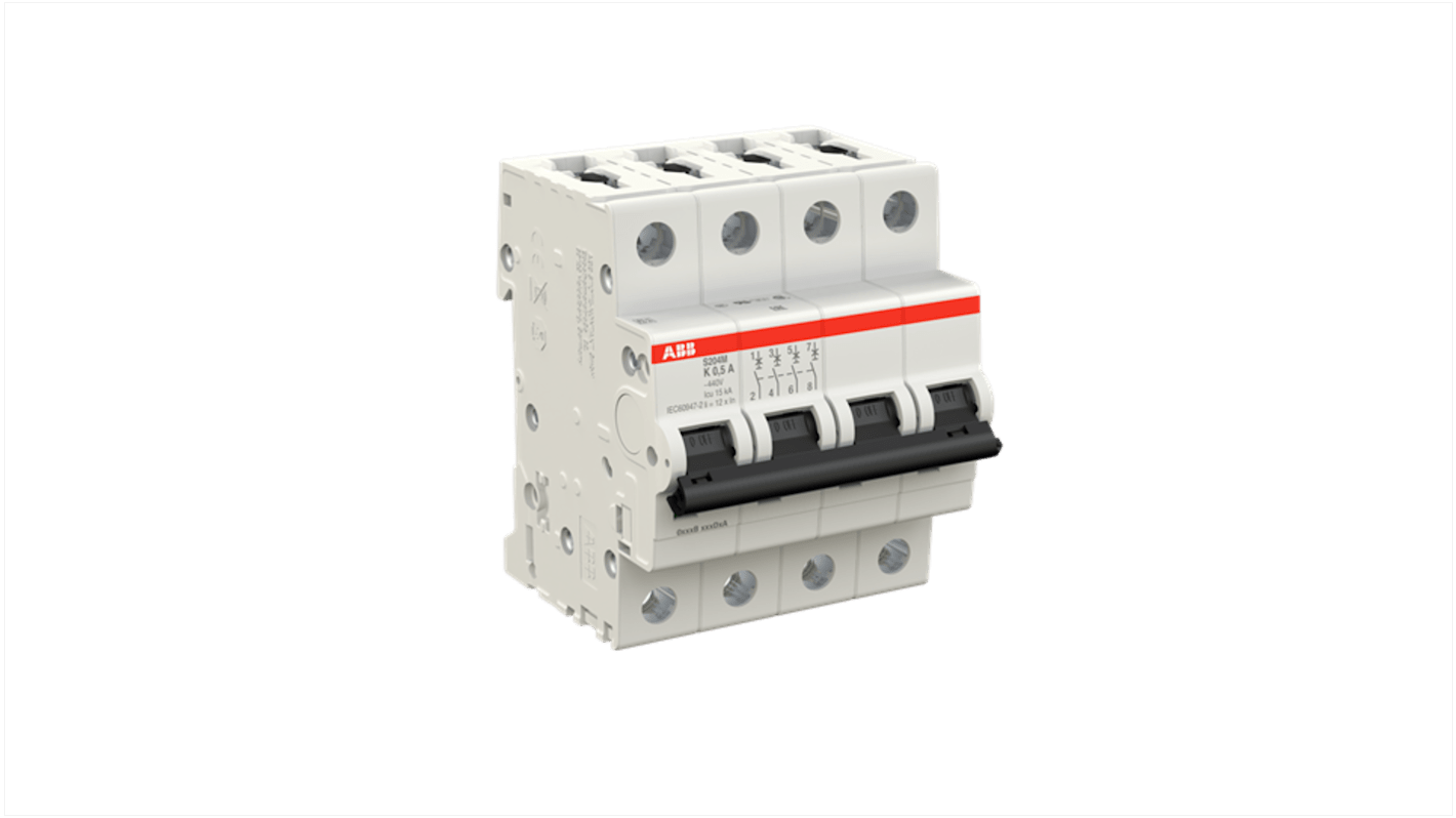 ABB System Pro M Compact S200M MCB, 4P, 500mA Curve K, 400V AC, 125V DC, 15 kA Breaking Capacity