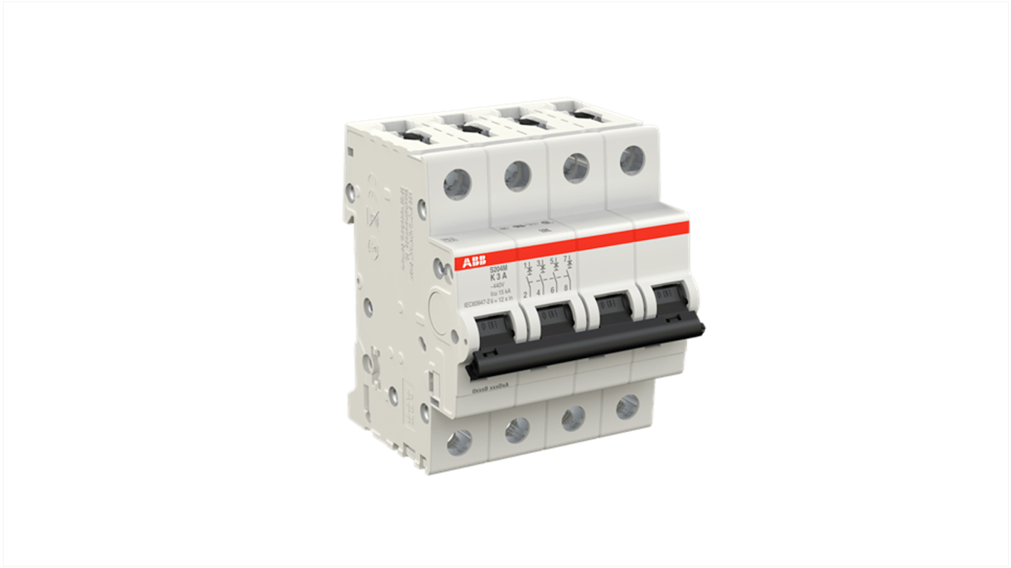 ABB System Pro M Compact S200M MCB, 4P, 3A Curve K, 400V AC, 125V DC, 15 kA Breaking Capacity
