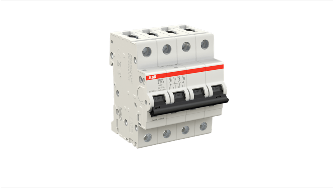 ABB System Pro M Compact S200M MCB, 4P, 20A, Type Z, 400V AC, 125V DC, 15 kA Breaking Capacity