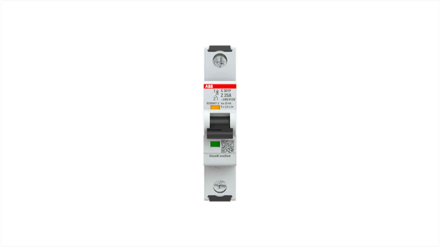 ABB System Pro M Compact S300P MCB, 1P, 25A, Type Z, 240V AC, 72V DC, 25 kA Breaking Capacity