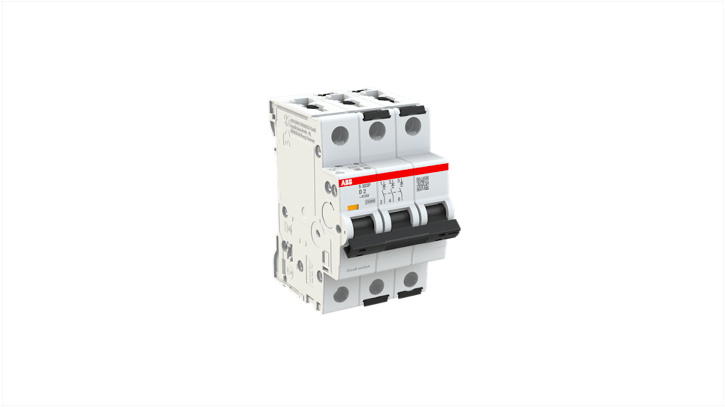 ABB S303 MCB, 3P, 2A Curve D, 415V AC, 125V DC, 100 kA Breaking Capacity