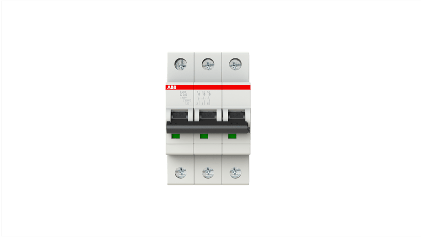 ABB System Pro M Compact S200 MCB, 3P, 500mA Curve C, 400V AC, 110V DC, 10 kA Breaking Capacity