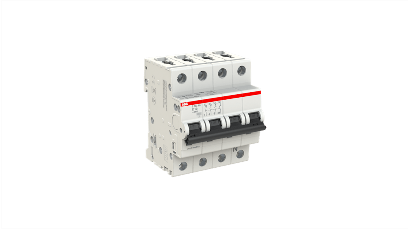ABB System Pro M Compact S200 MCB, 3+N, 10A Curve C, 400V AC, 110V DC, 10 kA Breaking Capacity