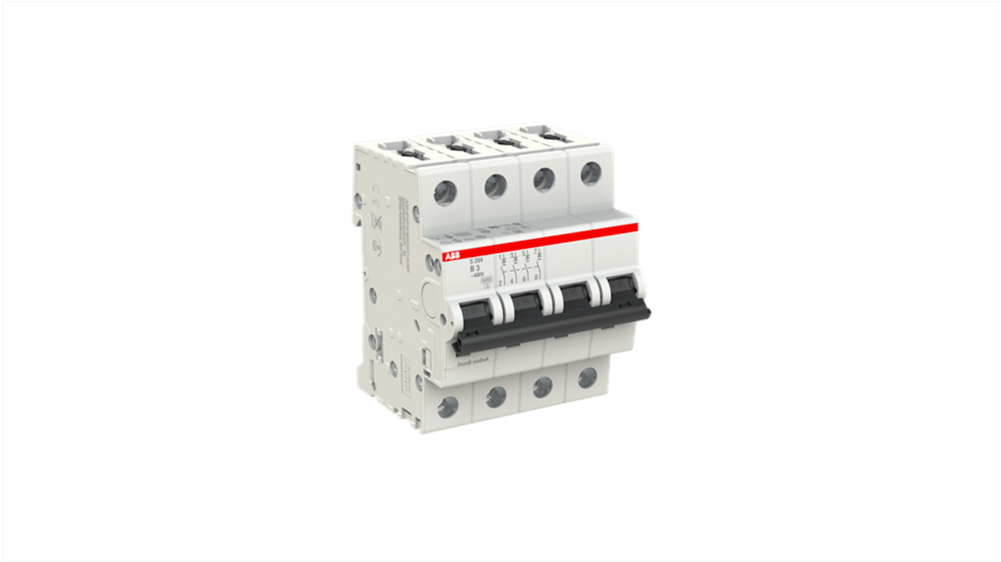 ABB System Pro M Compact S200 MCB, 4P, 3A Curve B, 400V AC, 110V DC, 10 kA Breaking Capacity