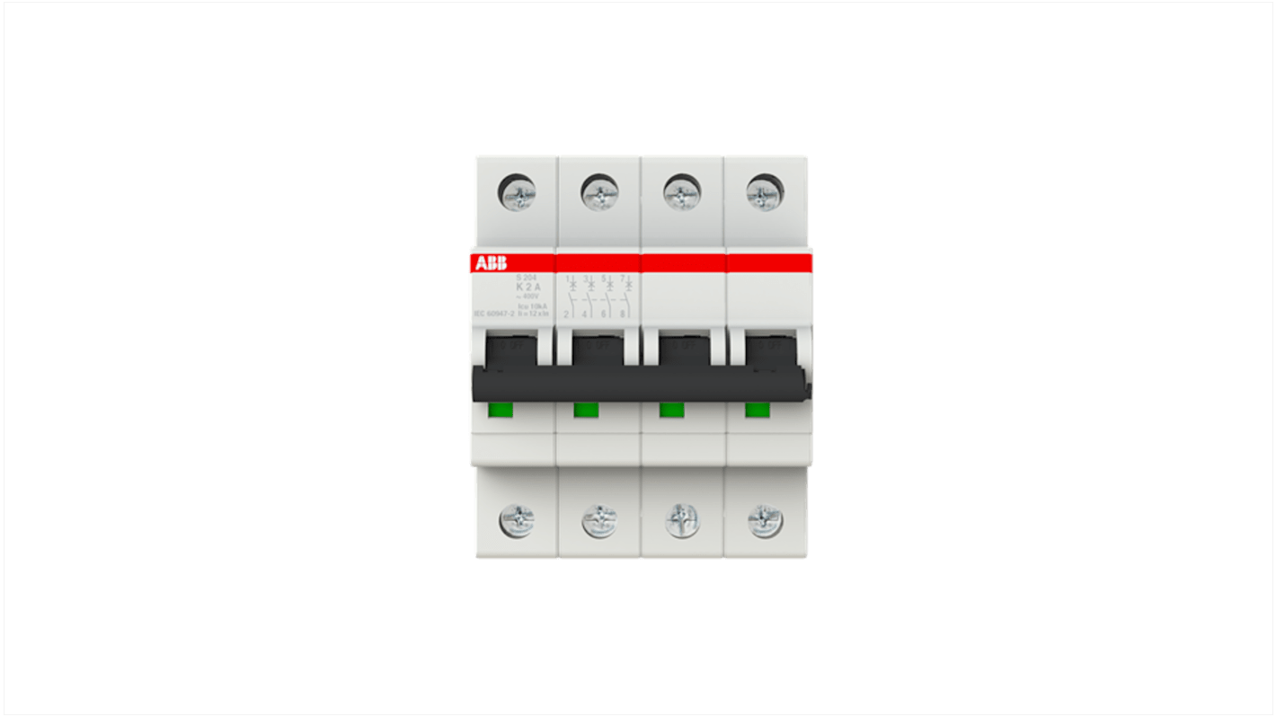 ABB System Pro M Compact S200 MCB, 4P, 2A Curve K, 400V AC, 110V DC, 10 kA Breaking Capacity
