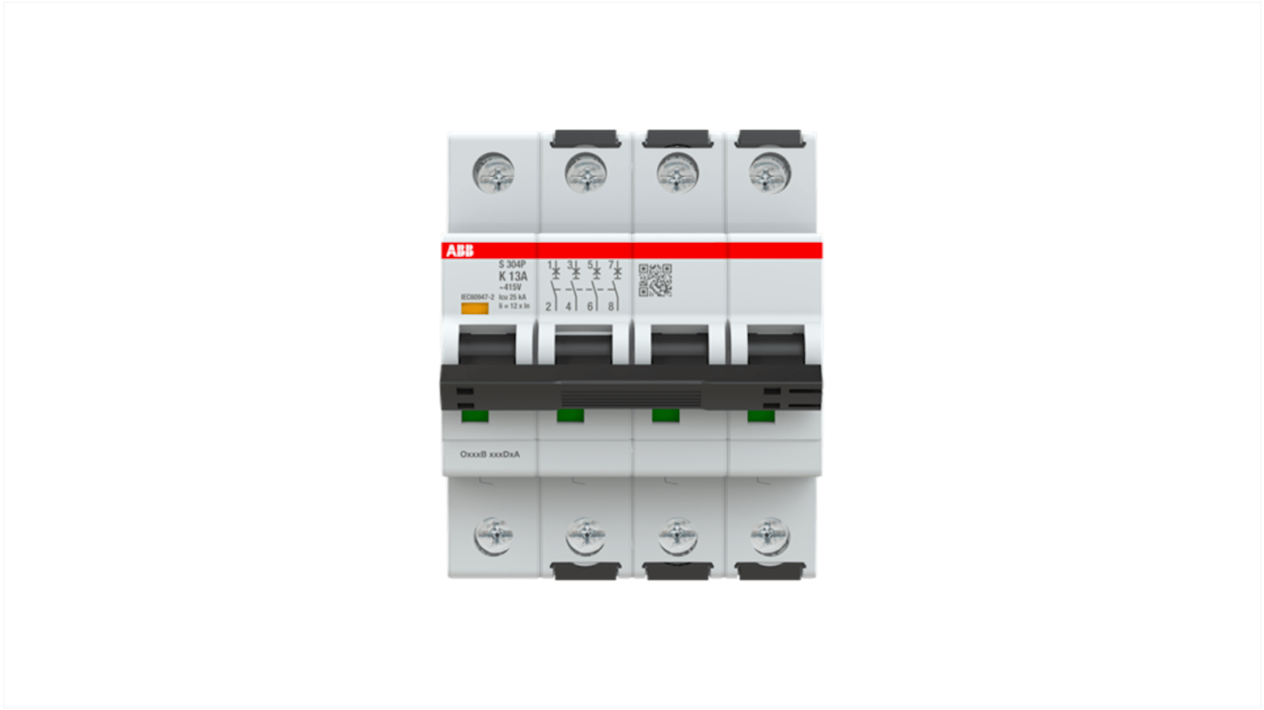 ABB System Pro M Compact S300P MCB, 4P, 13A Curve K, 415V AC, 25 kA Breaking Capacity