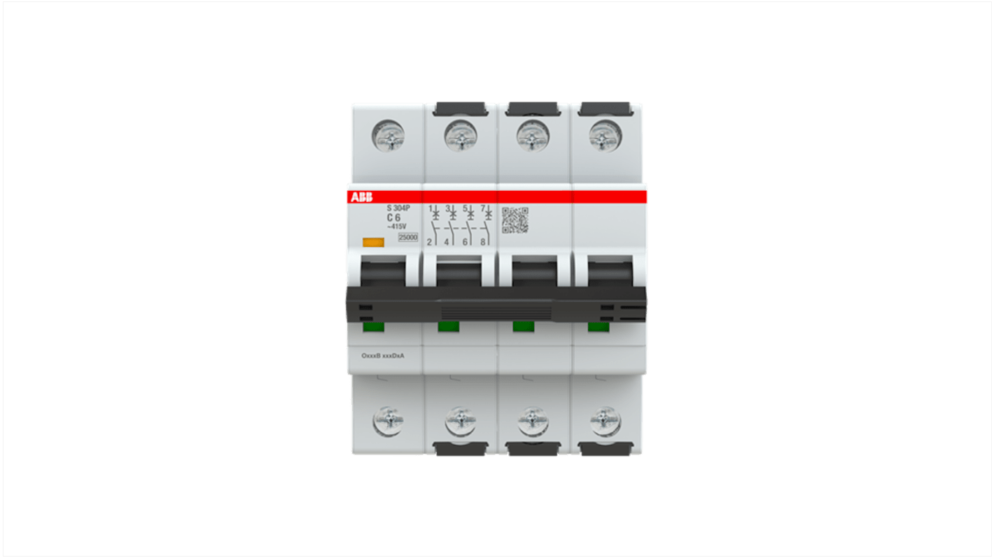 ABB S304 MCB, 4P, 6A Curve C, 415V AC, 125V DC, 100 kA Breaking Capacity