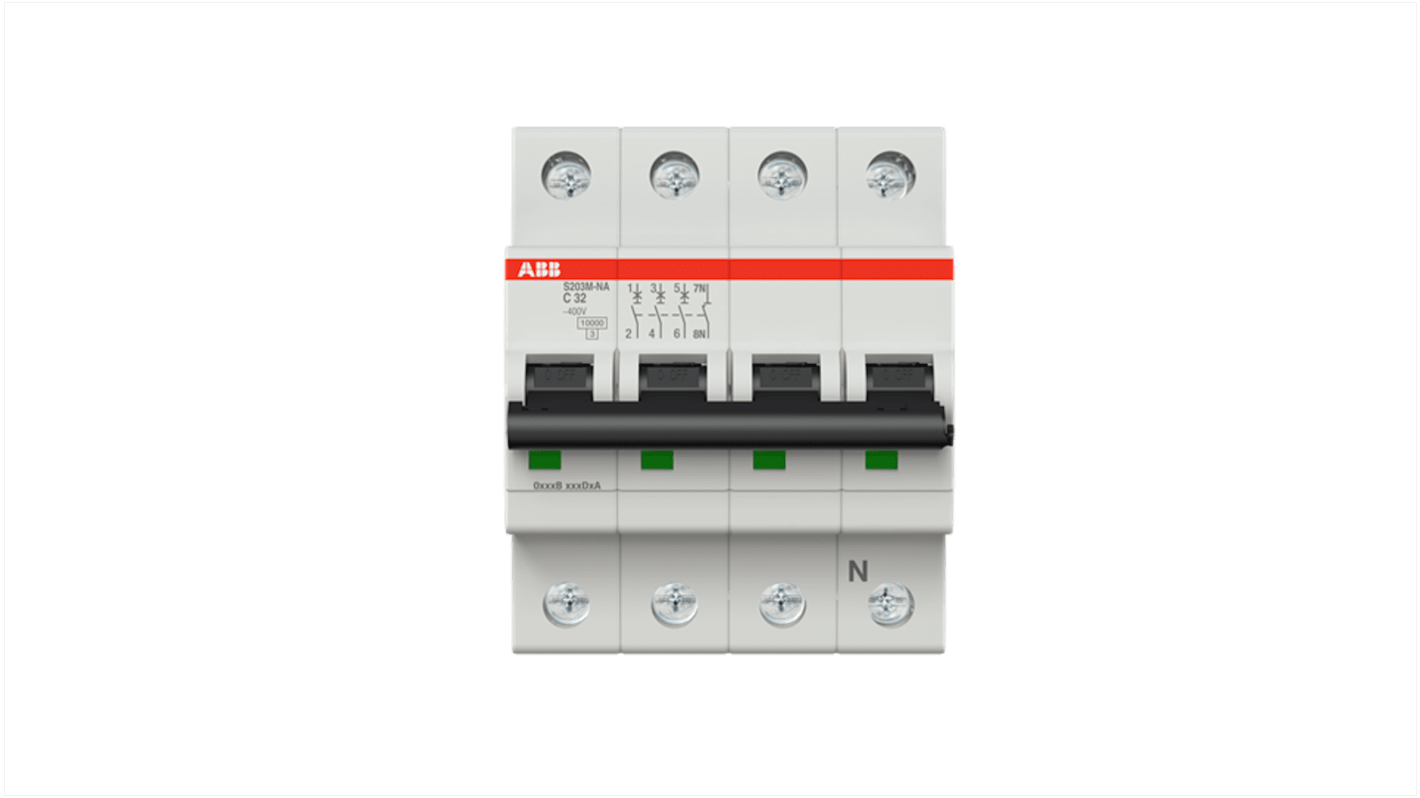 ABB System Pro M Compact S200M MCB, 3+N, 32A Curve C, 400V AC, 125V DC, 15 kA Breaking Capacity