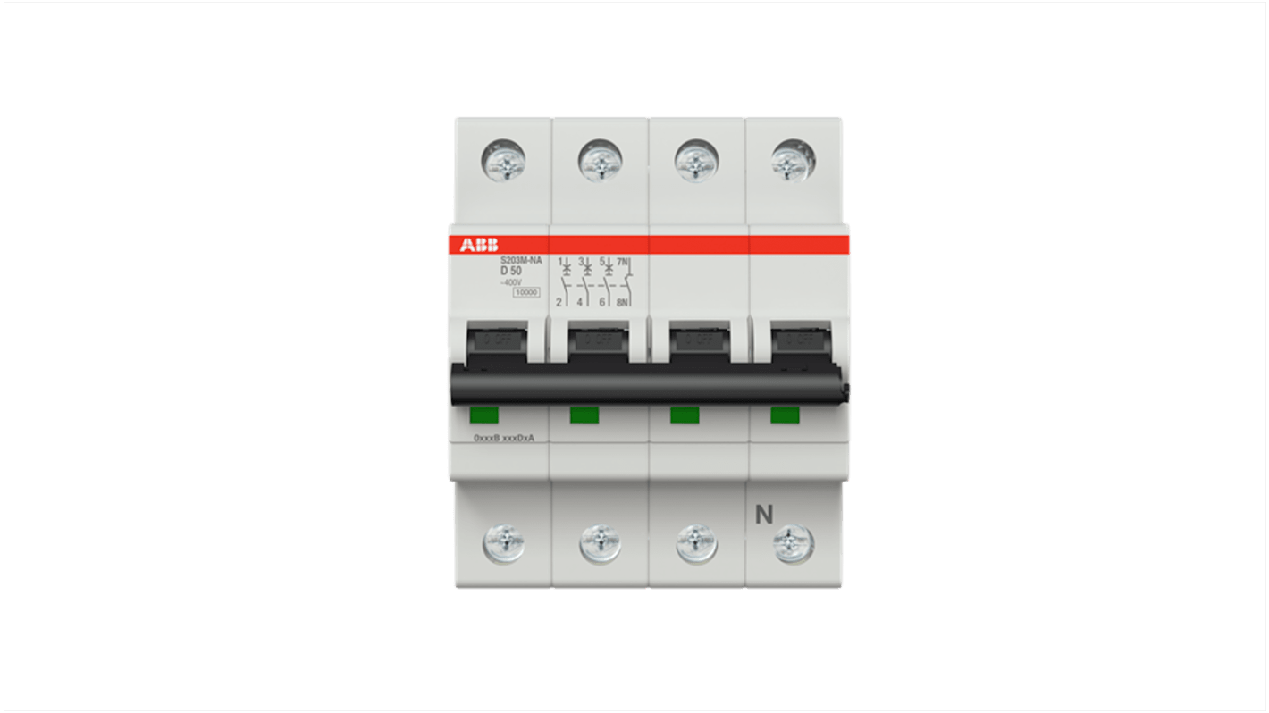 ABB System Pro M Compact S200M MCB, 3+N, 50A Curve D, 400V AC, 125V DC, 15 kA Breaking Capacity