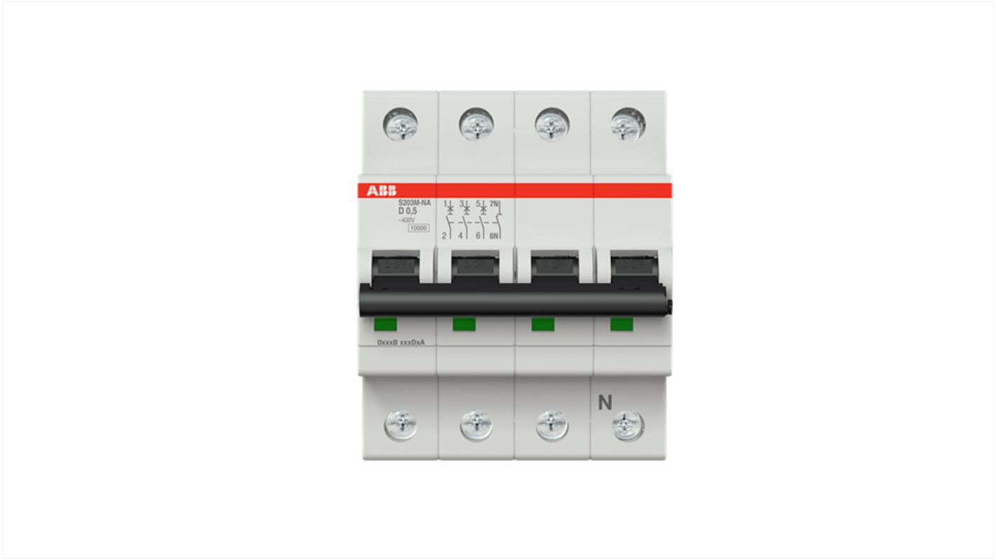 ABB System Pro M Compact S200M MCB, 3+N, 500mA Curve D, 400V AC, 125V DC, 15 kA Breaking Capacity