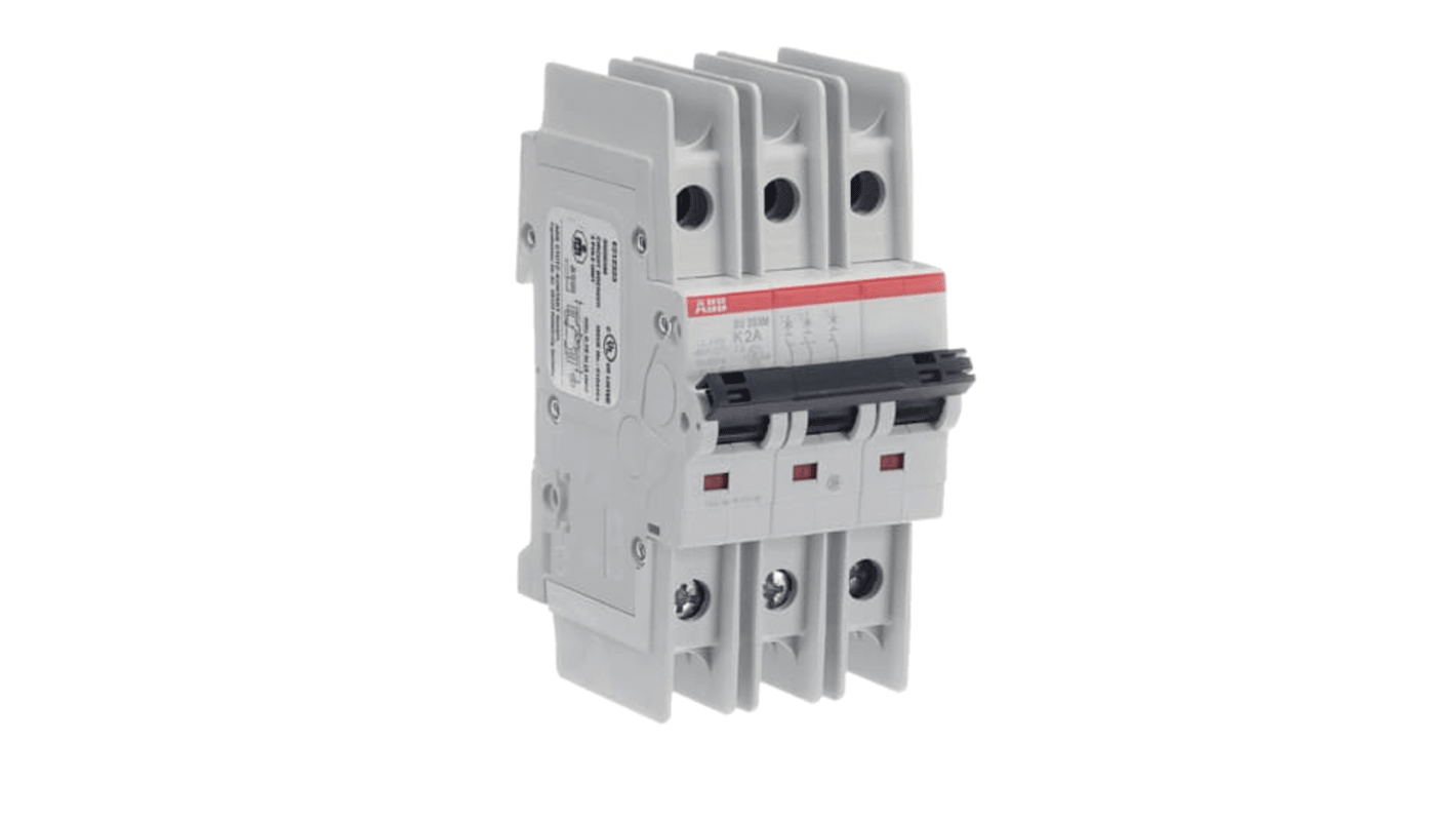 ABB SU200 M MCB, 3P, 2A Curve K, 400V AC, 15 kA Breaking Capacity