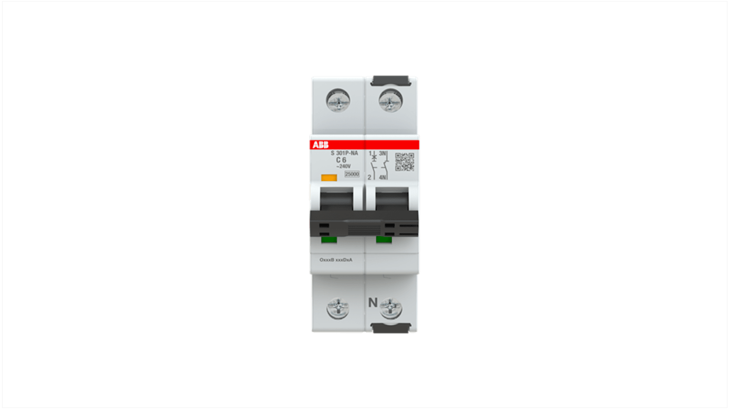 ABB S301 MCB, 1+N, 6A Curve C, 415V AC, 125V DC, 100 kA Breaking Capacity