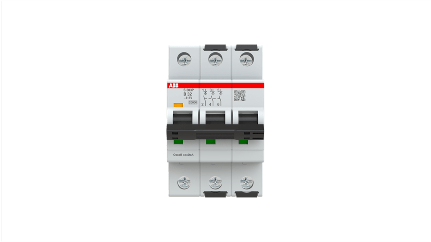 ABB S303 MCB, 3P, 32A Curve B, 415V AC, 125V DC, 100 kA Breaking Capacity
