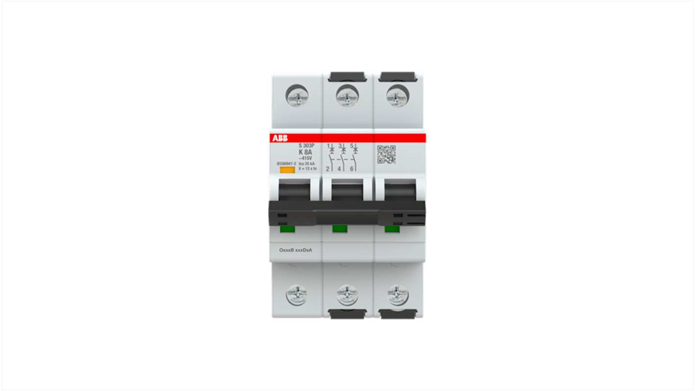 ABB S303 MCB, 3P, 8A Curve K, 415V AC, 125V DC, 100 kA Breaking Capacity