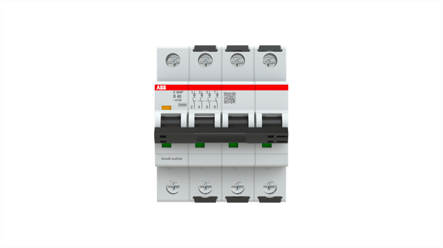 ABB S304 MCB, 4P, 40A Curve B, 415V AC, 125V DC, 100 kA Breaking Capacity
