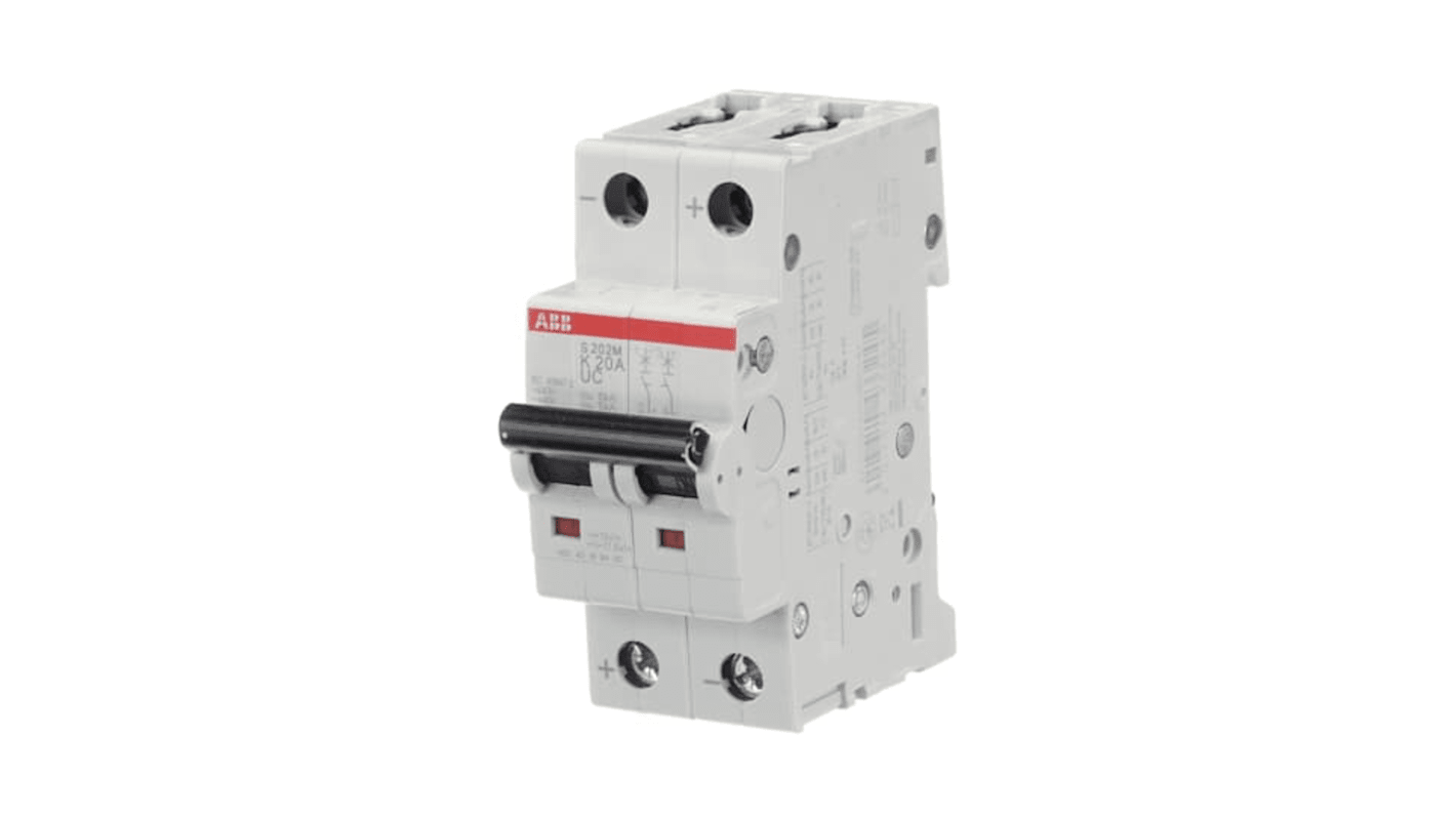 ABB System Pro M Compact S200 M UC MCB, 2P, 20A Curve K, 400V AC, 440V DC, 10 kA Breaking Capacity