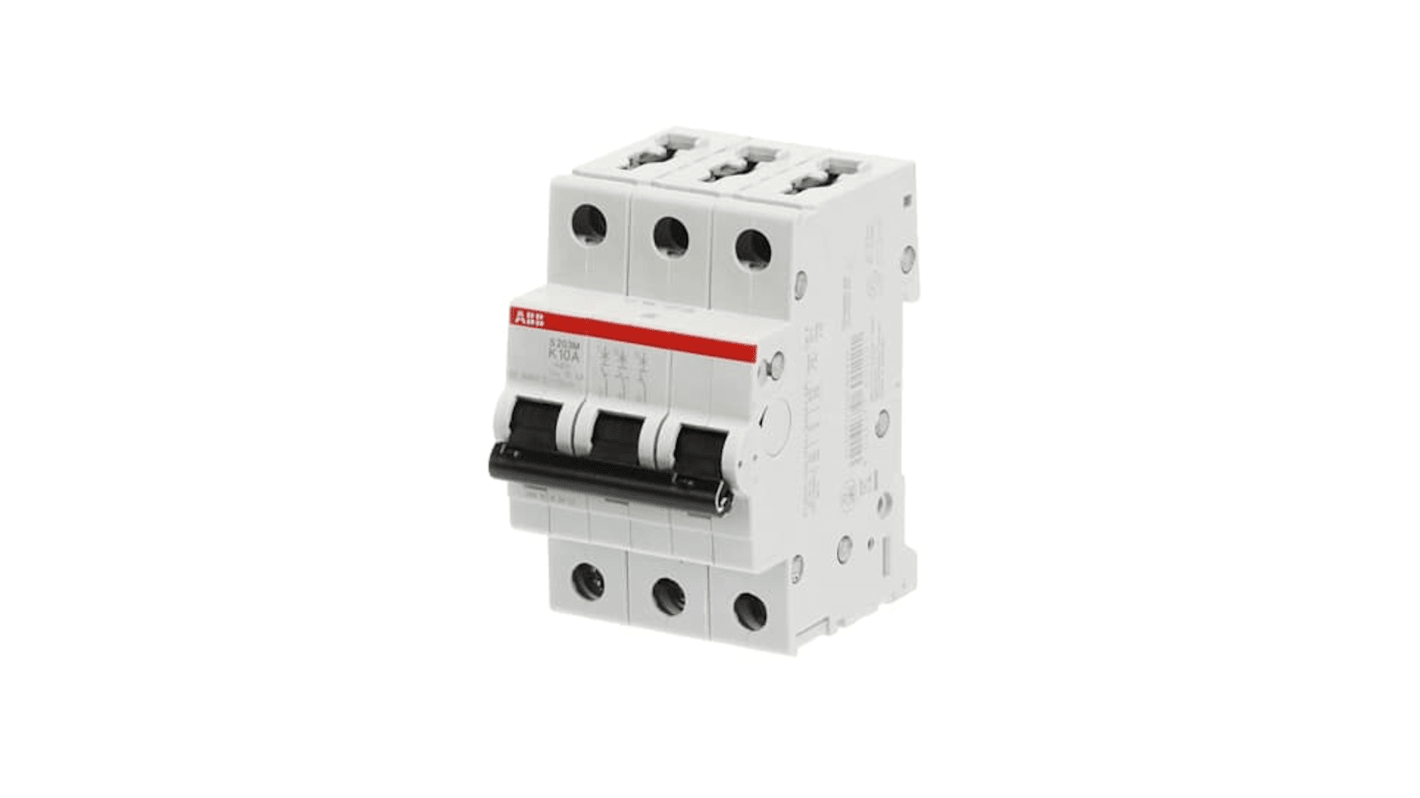 ABB System Pro M Compact S200M MCB, 3P, 10A Curve K, 400V AC, 125V DC, 15 kA Breaking Capacity