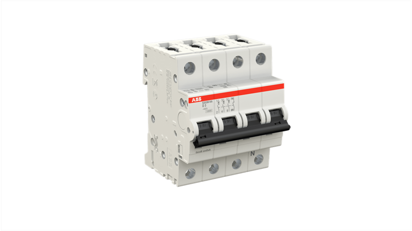 ABB System Pro M Compact S200M MCB, 3+N, 3A Curve D, 400V AC, 125V DC, 15 kA Breaking Capacity