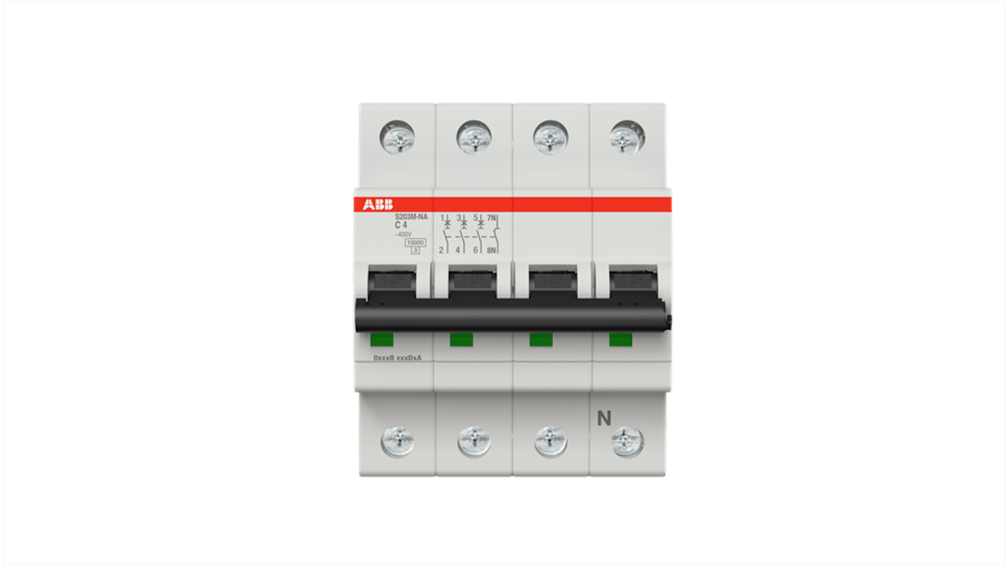 ABB System Pro M Compact S200M MCB, 3+N, 4A Curve C, 400V AC, 125V DC, 15 kA Breaking Capacity