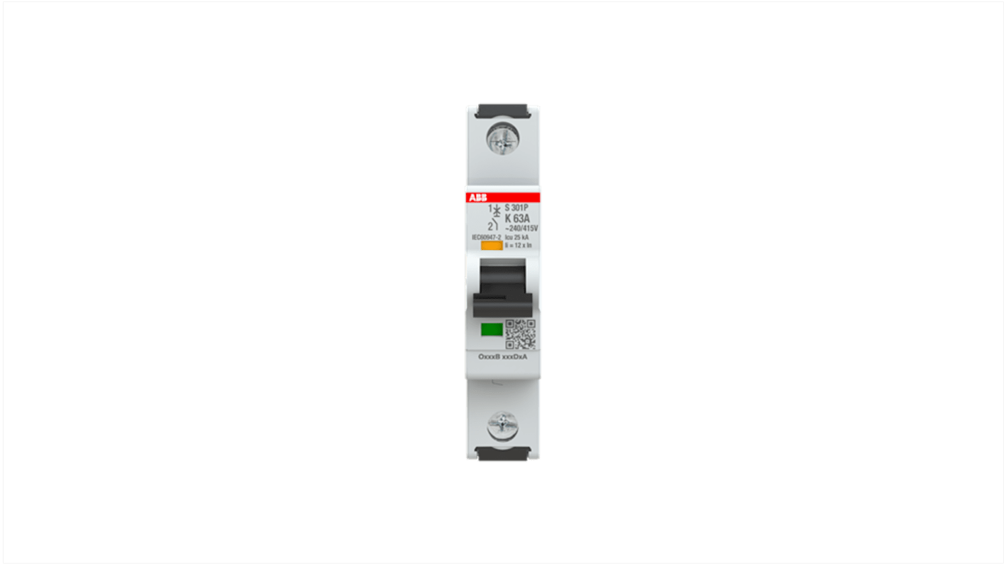 ABB S301 MCB, 1P, 63A Curve K, 415V AC, 125V DC, 100 kA Breaking Capacity