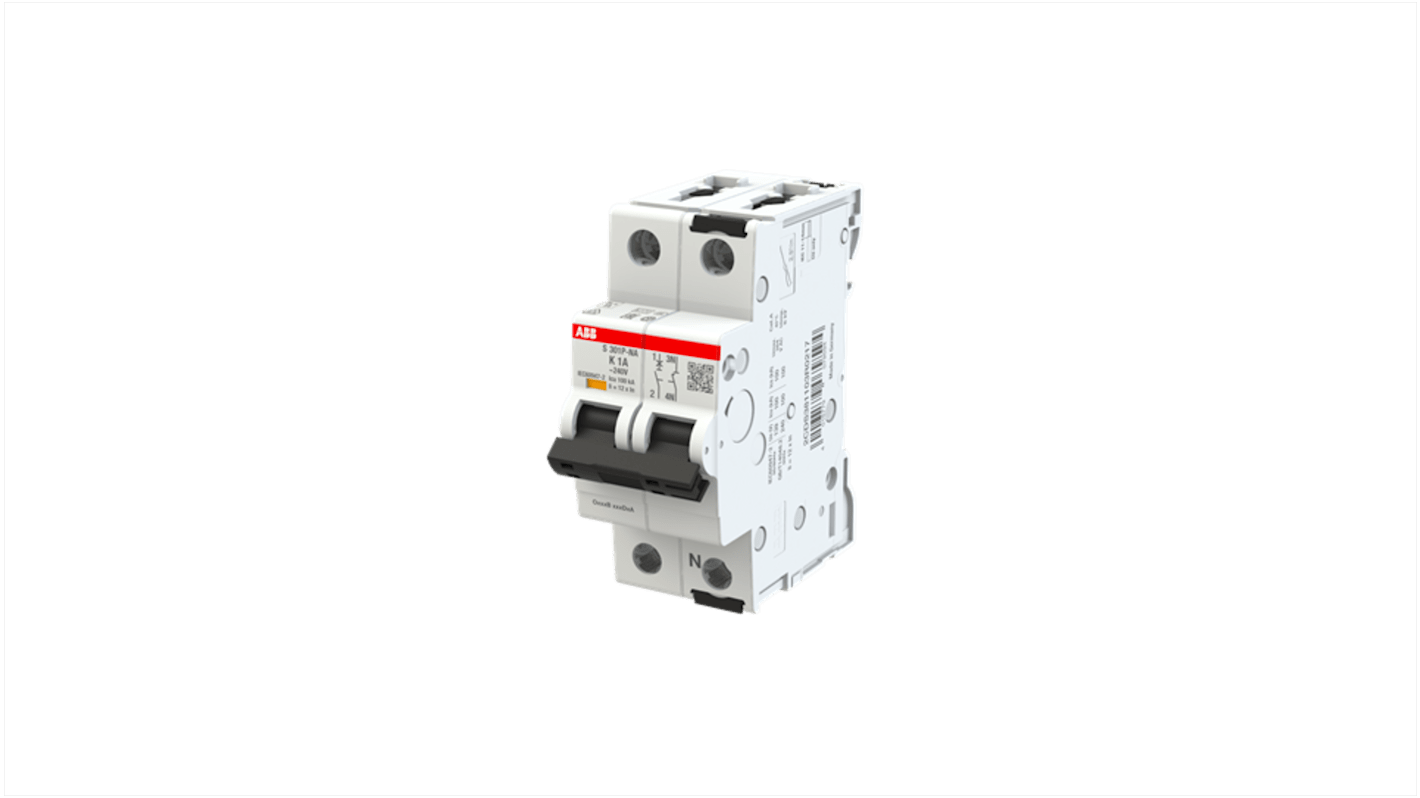 ABB S301 MCB, 1+N, 1A Curve K, 415V AC, 125V DC, 100 kA Breaking Capacity