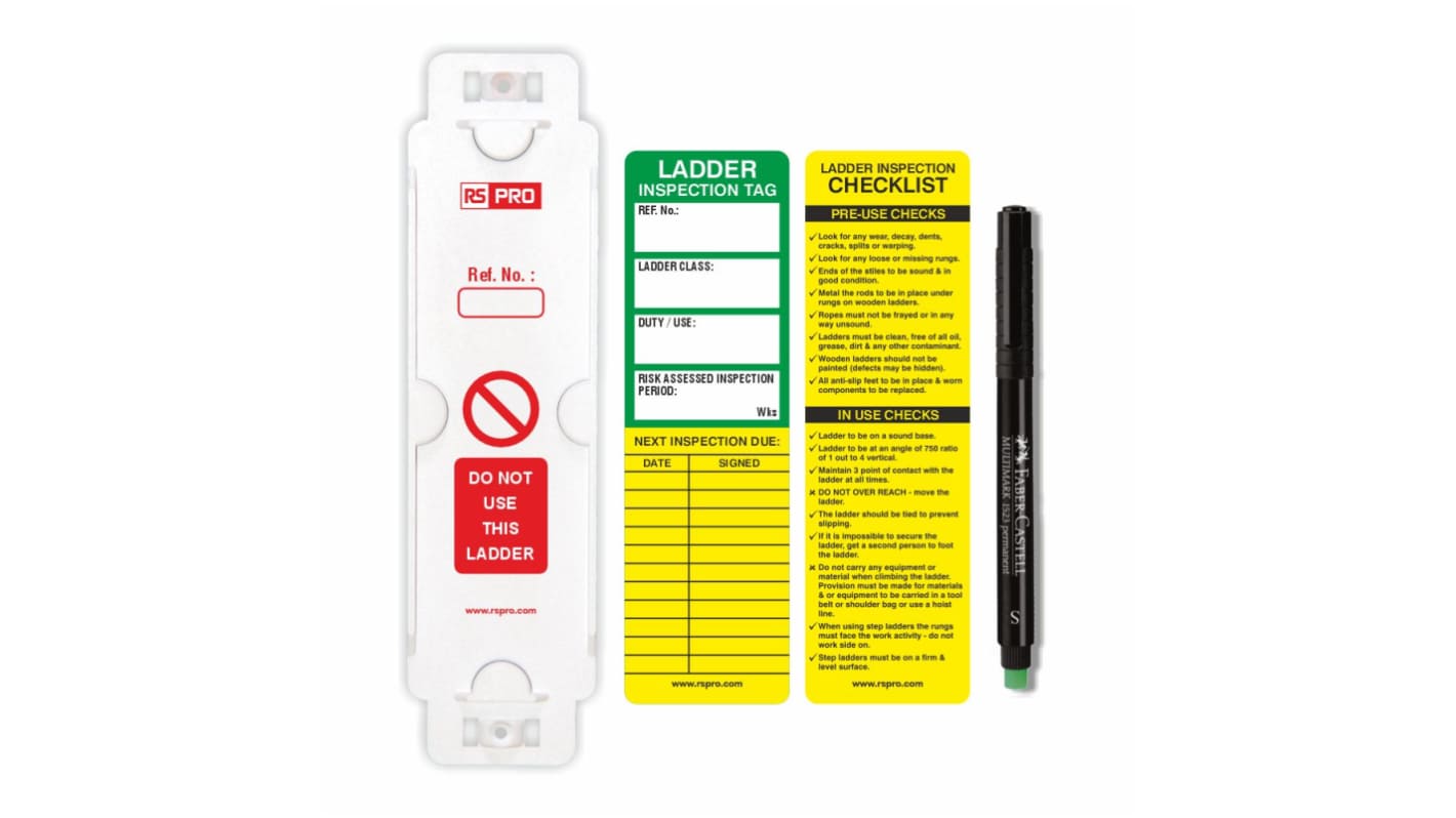 RS PRO Black on Green, White, Yellow Safety Ladder Tag, English Language, 21Each per Pack
