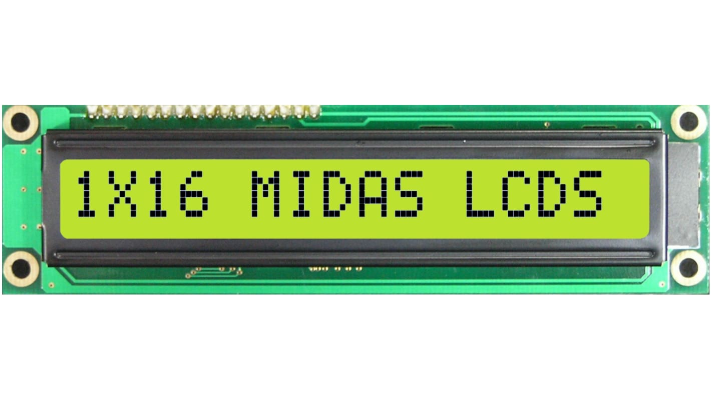 Midas MC11609A6W-SPTLY-V2 Alphanumeric LCD Display, Black on Yellow/Green, 1 Row by 16 Characters, Transflective
