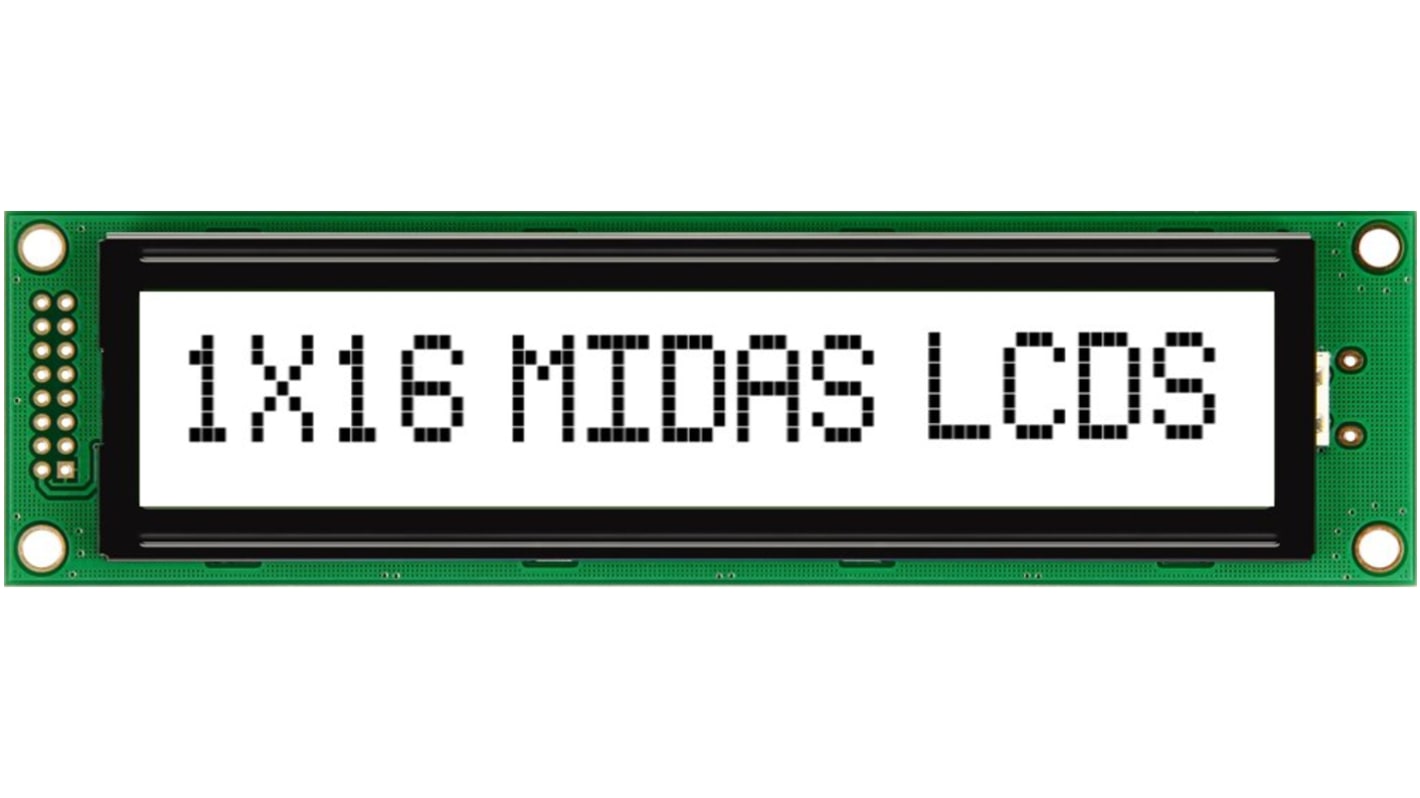 Midas MC11615A6W-FPTLW-V2 Alphanumeric LCD Display, Black on White, 1 Row by 16 Characters, Transflective