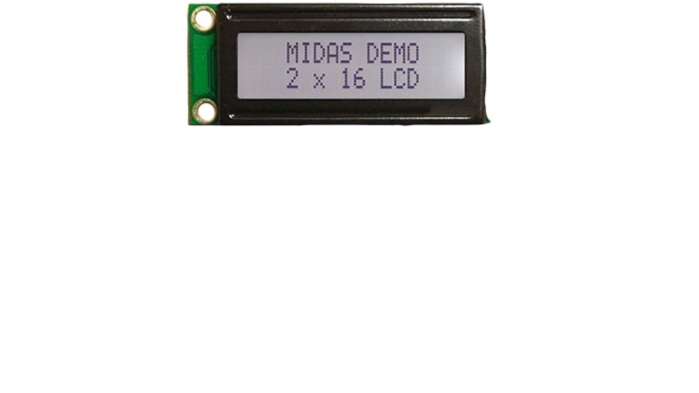 Midas MC21603A6W-FPTLW-V2 Alphanumeric LCD Display, Black on White, 2 Rows by 16 Characters, Transflective