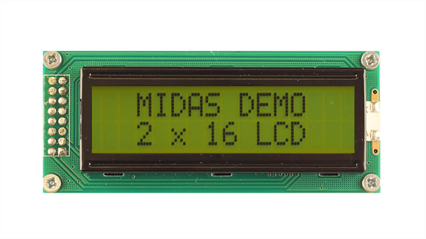 Midas MC21605B6WD-SPTLY-V2 Alphanumeric LCD Display, Black on Yellow/Green, 2 Rows by 16 Characters, Transflective