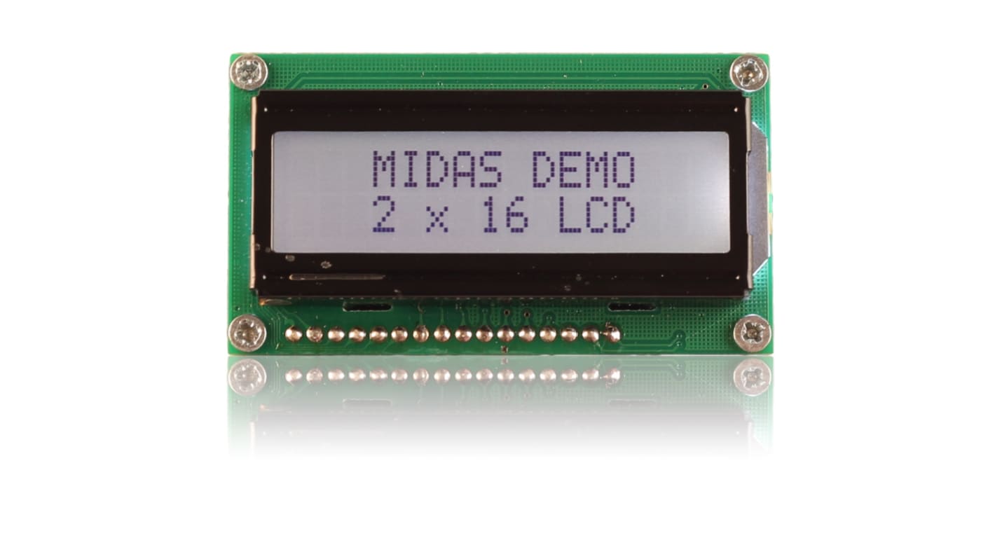Midas MC21605H6W-FPTLW-V2 Alphanumeric LCD Display, Black on White, 2 Rows by 16 Characters, Transflective