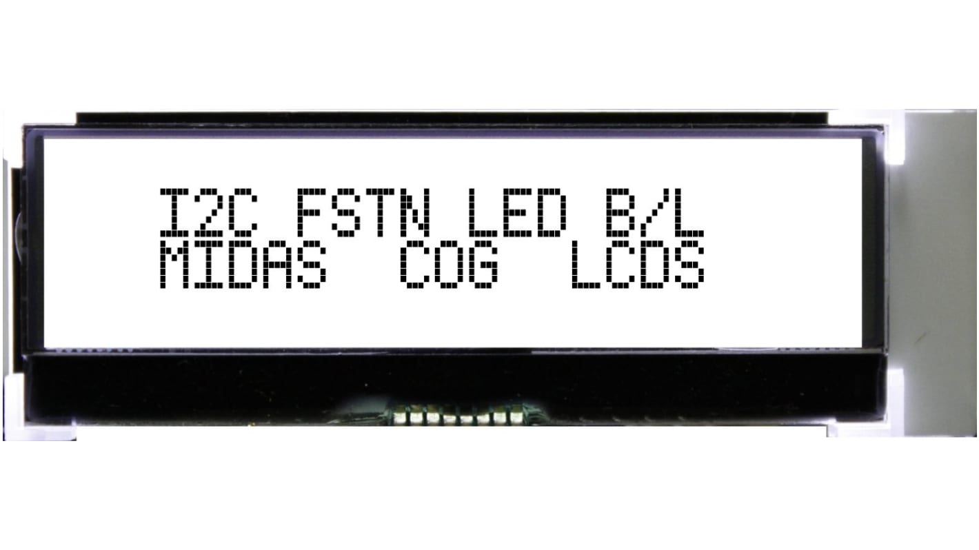 Midas MCCOG21605C6W-FPTLWI Alphanumeric LCD Display, White on Black, 2 Rows by 16 Characters, Transflective