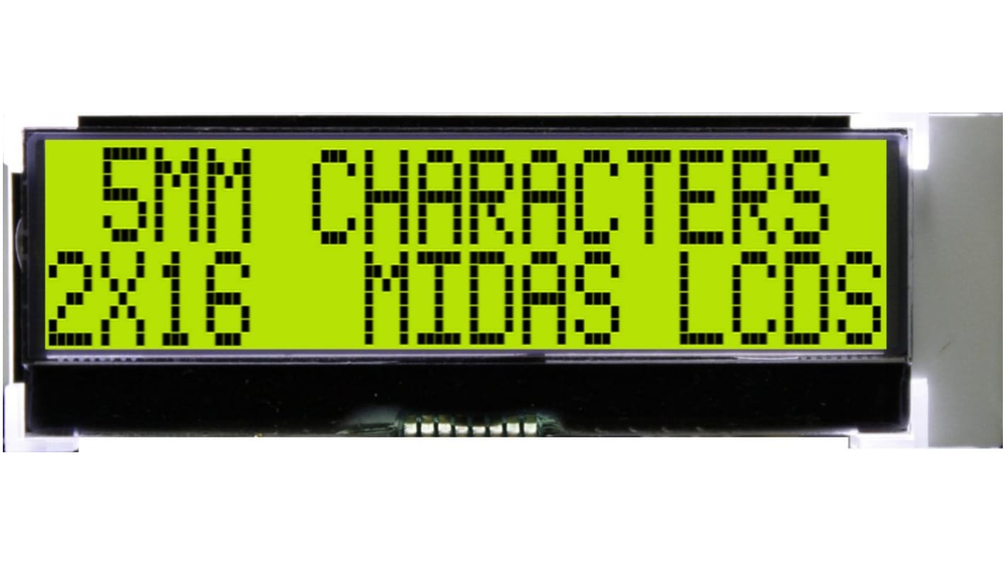 Midas MCCOG21605C6W-SPTLYI Alphanumeric LCD Display, Black on Yellow/Green, 2 Rows by 16 Characters, Transflective