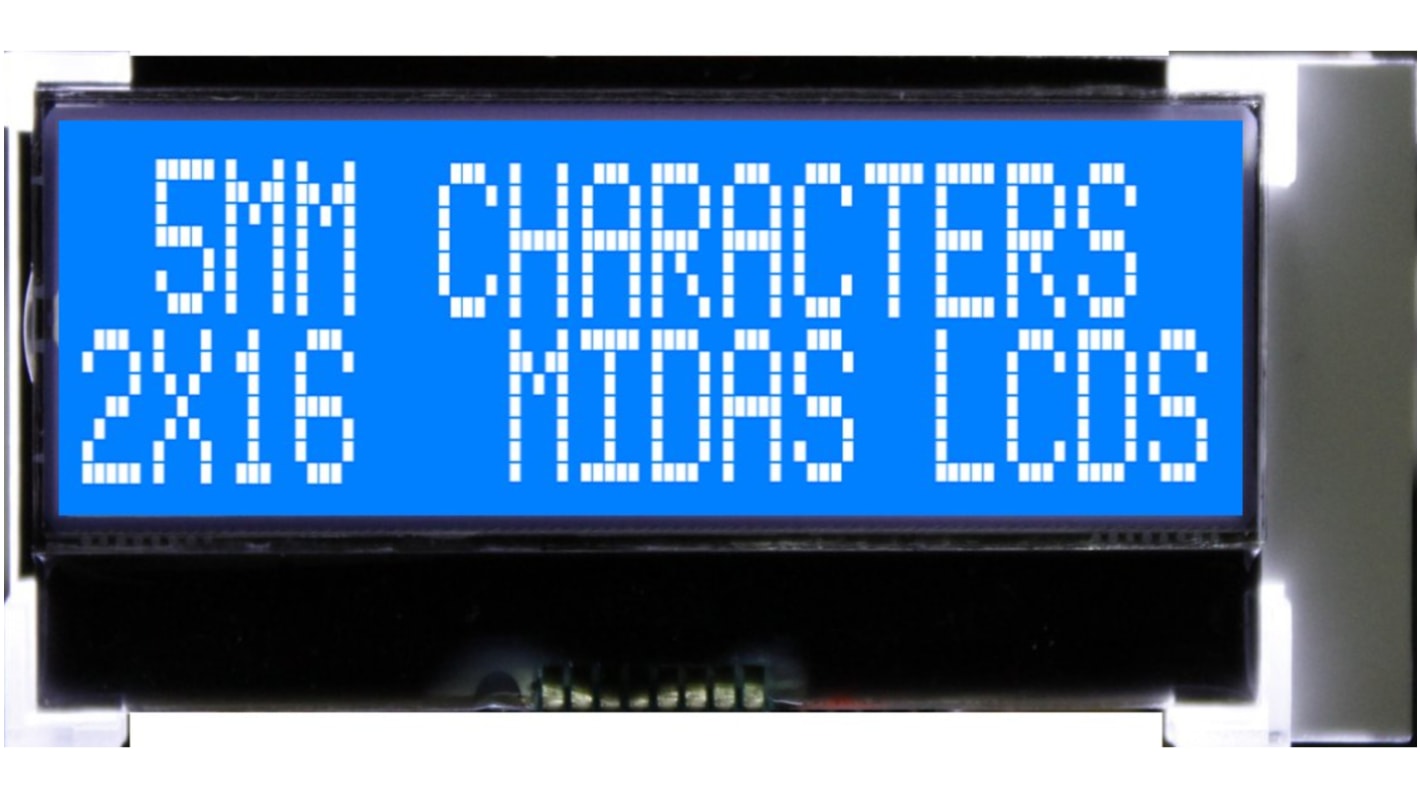 Midas MCCOG21605D6W-BNMLWI Alphanumeric LCD Display, White on Blue, 2 Rows by 16 Characters, Transmissive
