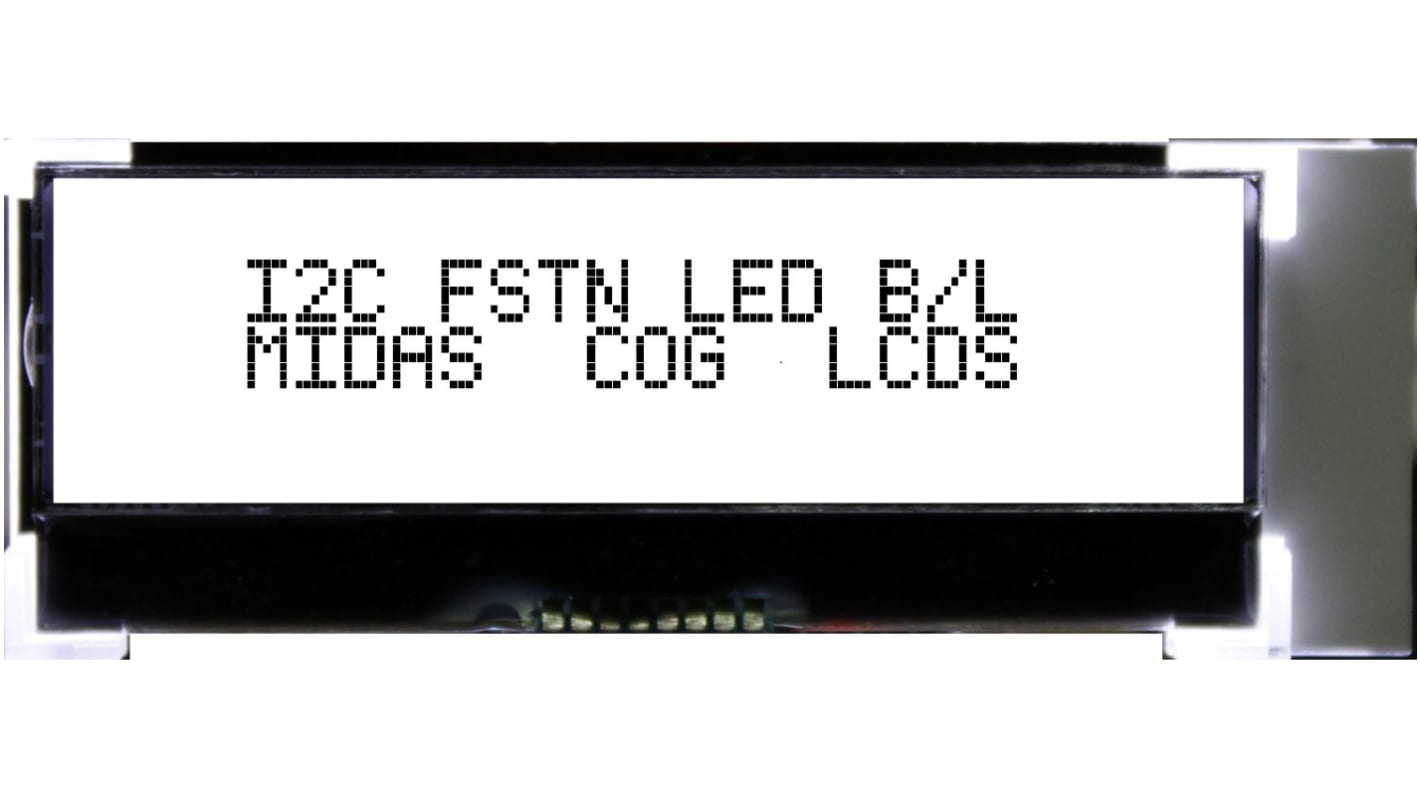 Midas MCCOG21605D6W-FPTLWI Alphanumeric LCD Display, Black on White, 2 Rows by 16 Characters, Transflective