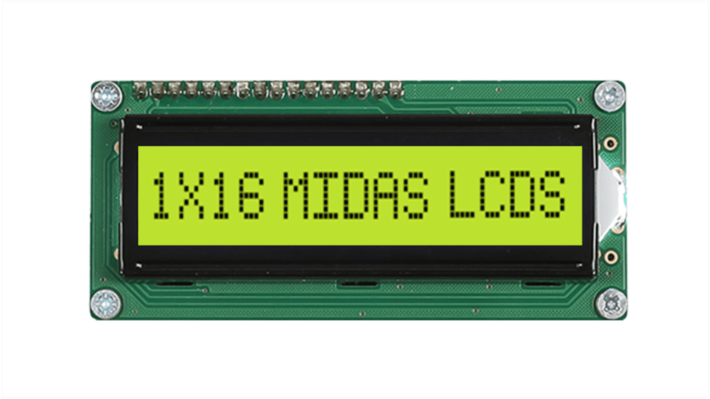 Midas MC11605A6W-SPTLY-V2 Alphanumeric LCD Display, Black on Yellow/Green, 1 Row by 16 Characters, Transflective