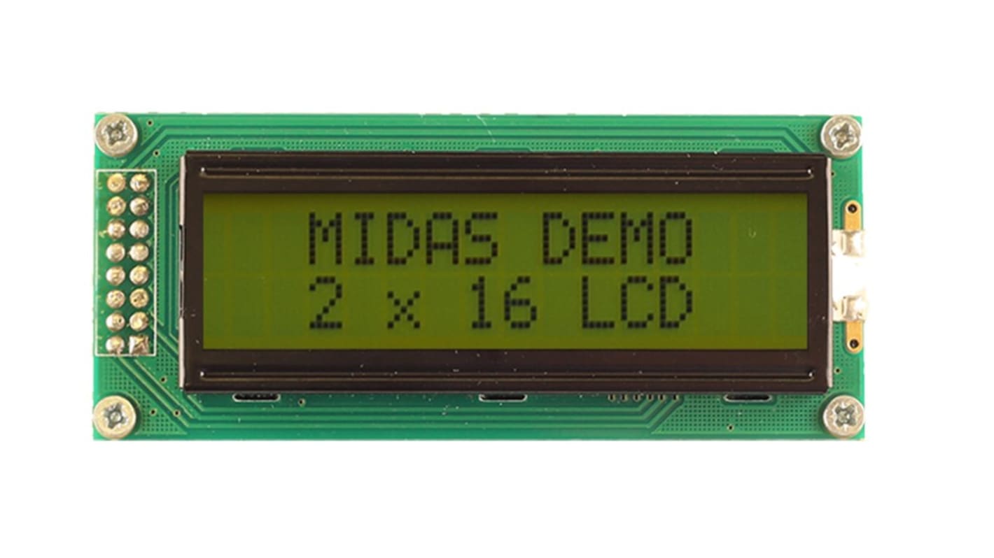 Midas MC21605B6W-SPR-V2 Alphanumeric LCD Display, Black on Yellow/Green, 1 Row by 16 Characters, Reflective