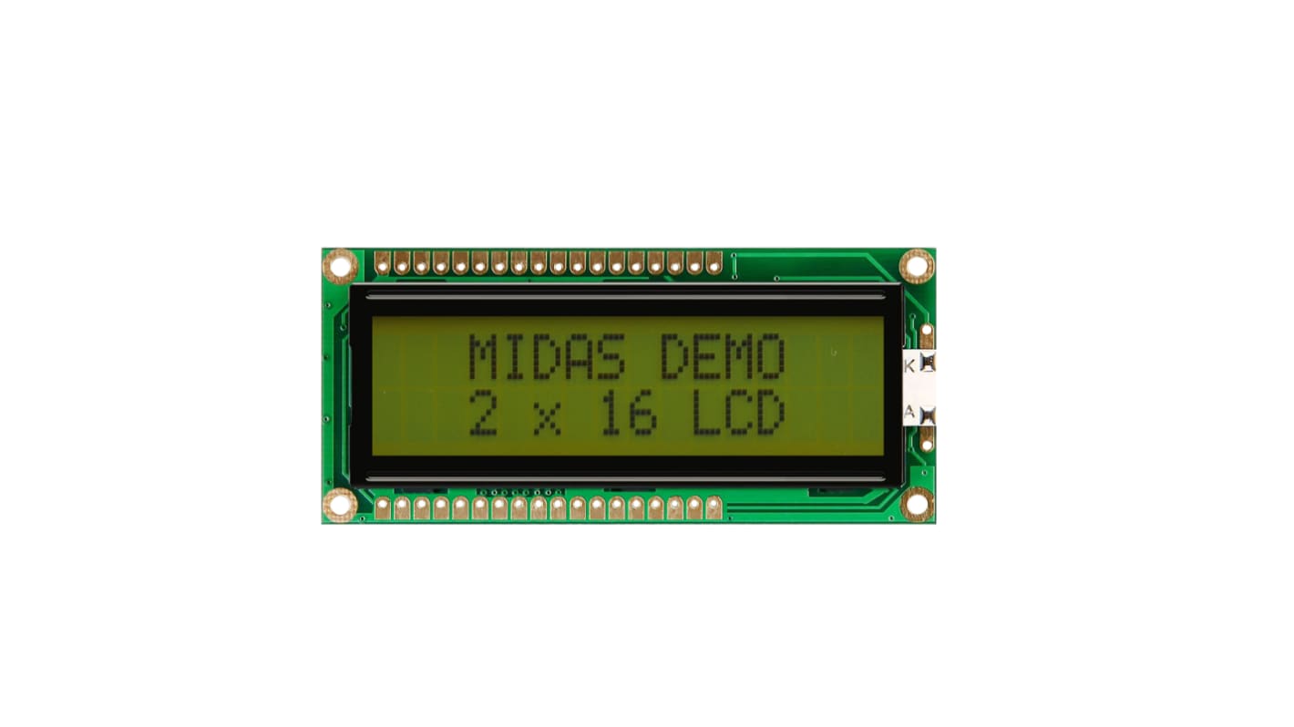 Midas MC21605G6W-SPR-V2 Alphanumeric LCD Display, Black on Yellow/Green, 2 Rows by 16 Characters, Reflective