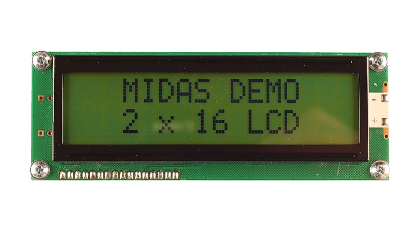 Midas MC21609A6W-SPR-V2 Alphanumeric LCD Display, Black on Yellow/Green, 2 Rows by 16 Characters, Reflective