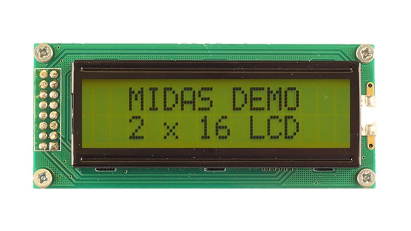 Midas MC21605B6W-SPTLY-V2 Alphanumeric LCD Display, Black on Yellow/Green, 2 Rows by 16 Characters, Transflective