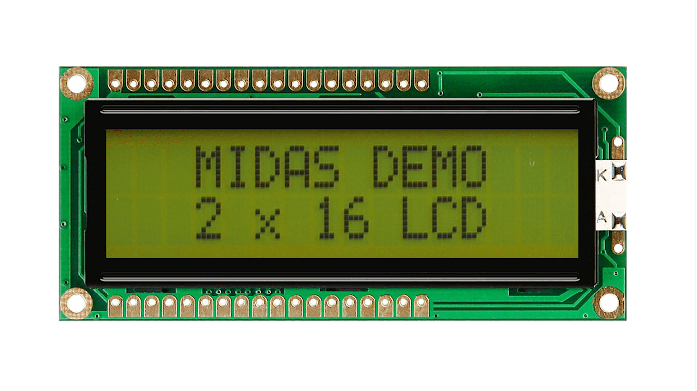 Midas MC21605G6W-SPTLY-V2 Alphanumeric LCD Display, Black on Yellow/Green, 2 Rows by 16 Characters, Transflective
