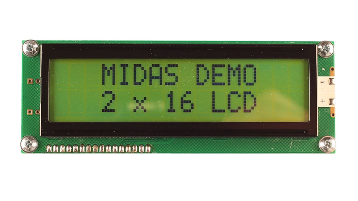Midas MC21609A6W-SPTLY-V2 Alphanumeric LCD Display, Black on Yellow/Green, 2 Rows by 16 Characters, Transflective