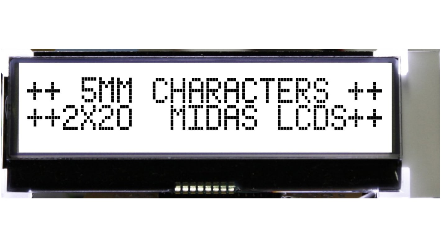 Midas MCCOG22005A6W-FPTLWI Alphanumeric LCD Display, White on Blue, 2 Rows by 20 Characters, Transflective