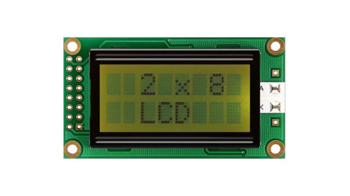 Midas MC20805A6W-SPR-V2 Alphanumeric LCD Display, Black on Yellow/Green, 2 Rows by 8 Characters, Reflective