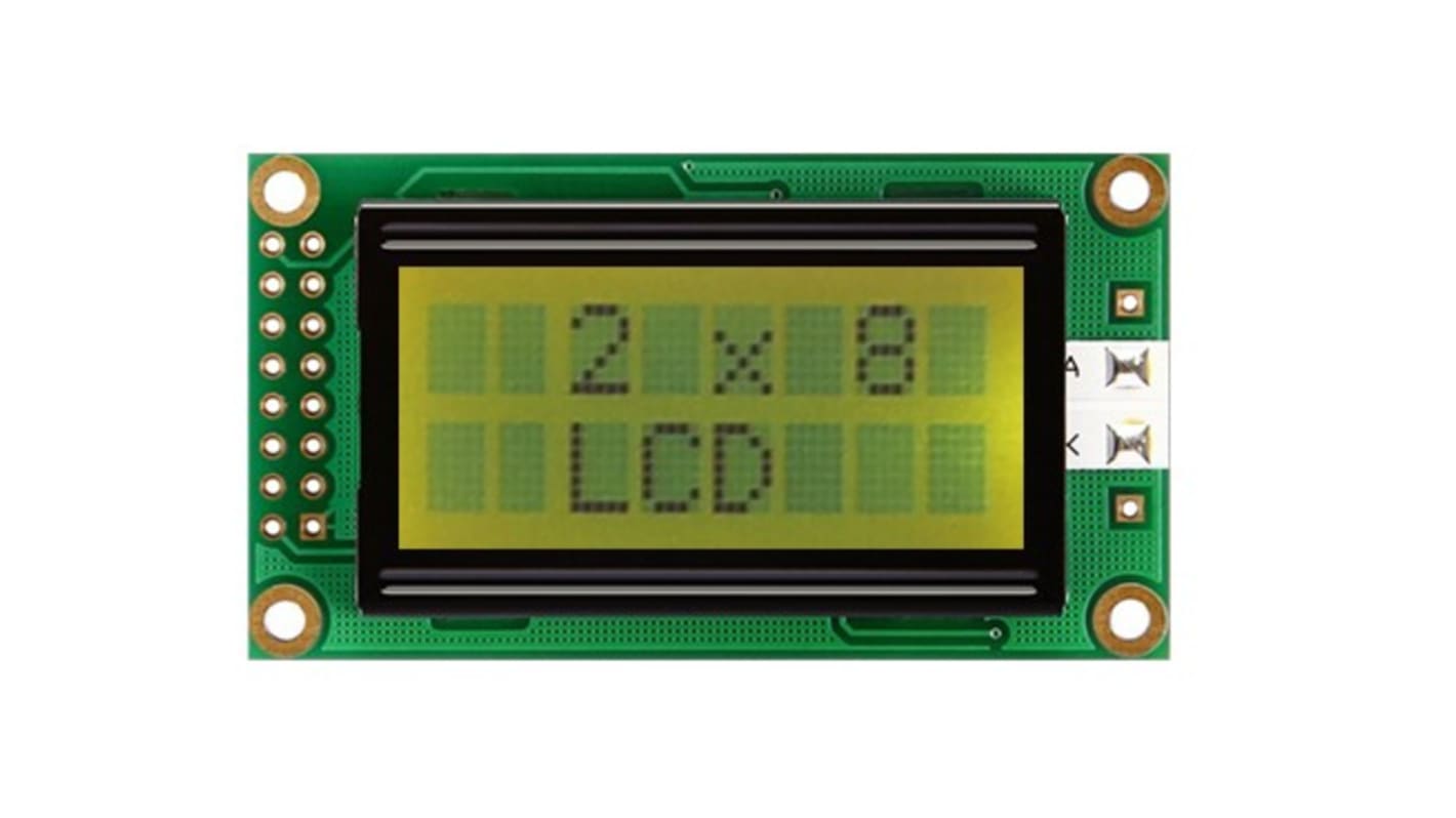 Midas MC20805A6W-SPTLY-V2 Alphanumeric LCD Display, Black on Yellow/Green, 2 Rows by 8 Characters, Transflective