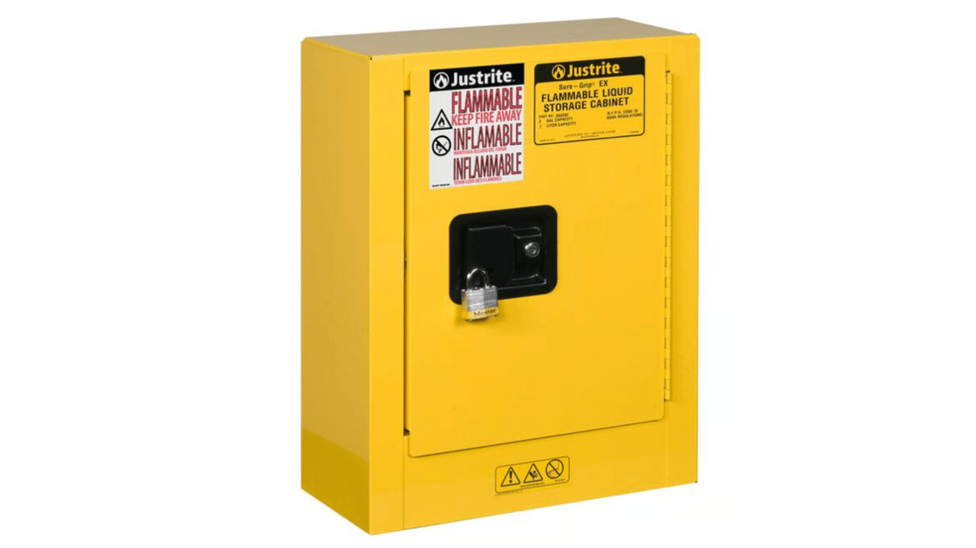 Armadietto per liquidi infiammabili a 1 anta Justrite in Acciaio, 559mm x 432mm x 203mm, col. Colore giallo, Bloccabile