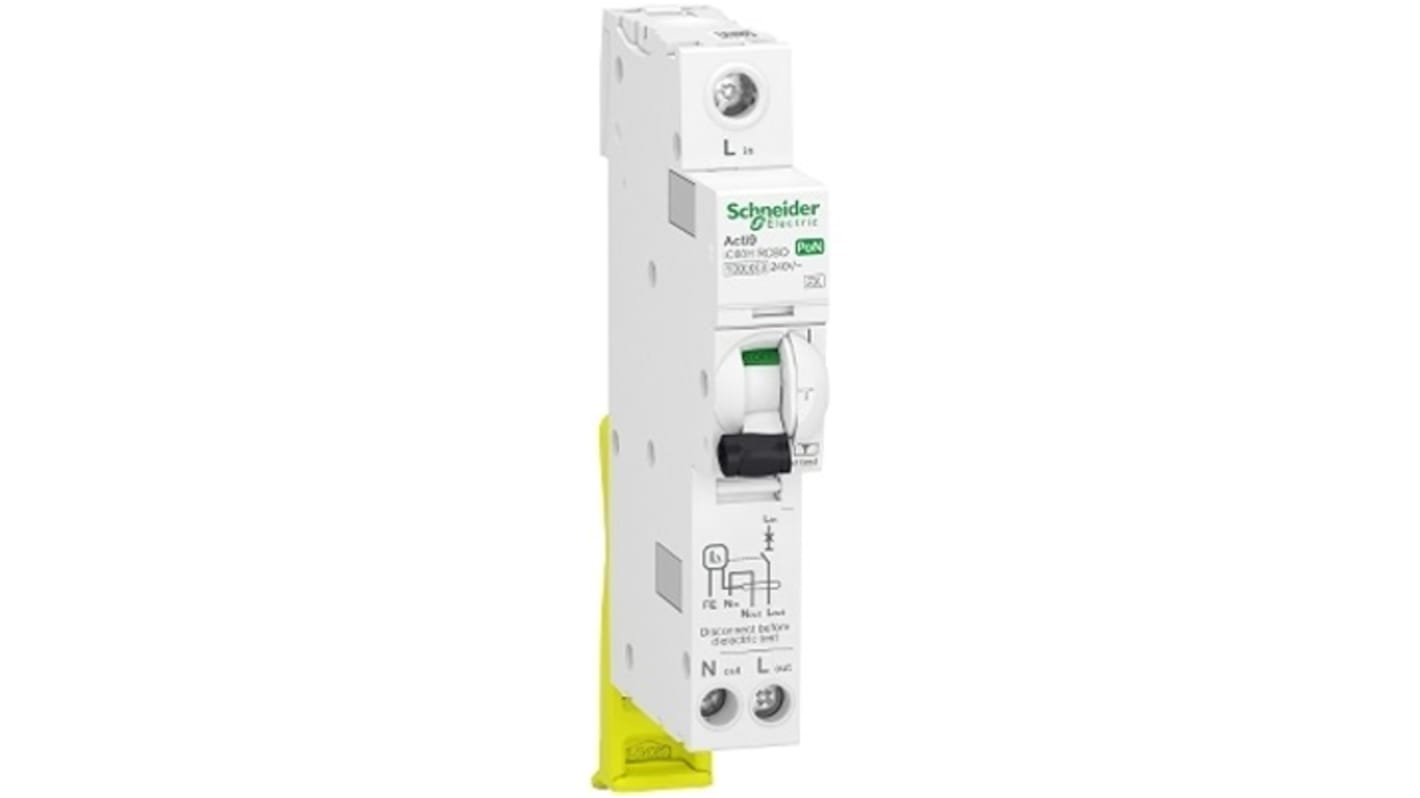 Schneider Electric RCBO, 16A Current Rating, 1P Poles, Type C, Acti9 Range