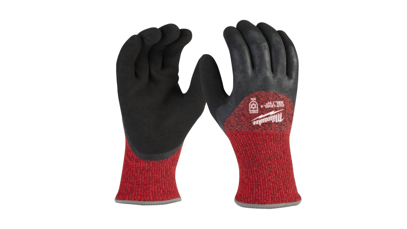 Milwaukee Winter Cut Black/Red Glass Fibre, HPPE Cut Resistant Work Gloves, Size 10, XL, Latex Coating