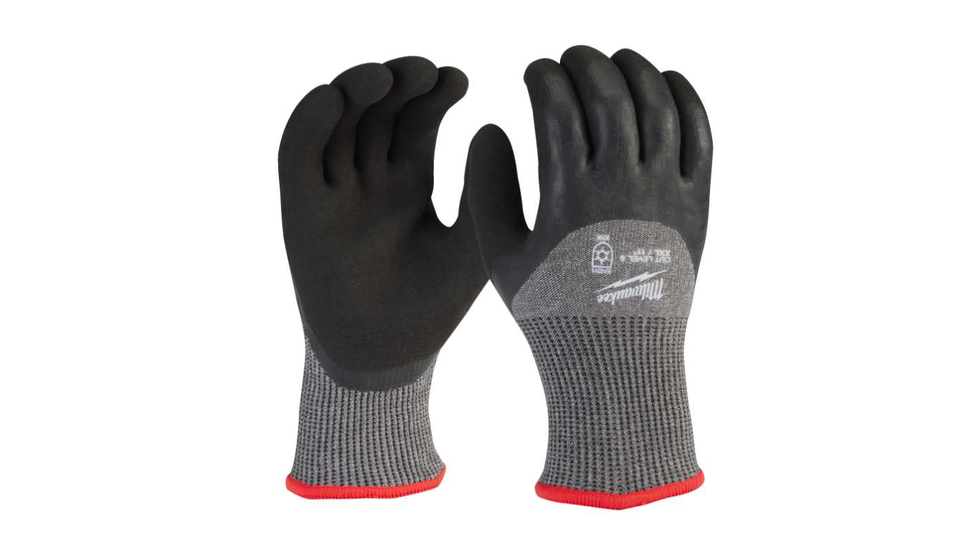 Milwaukee Winter Cut Black, Grey Glass Fibre, HPPE Cut Resistant Work Gloves, Size 8, M, Latex Coating