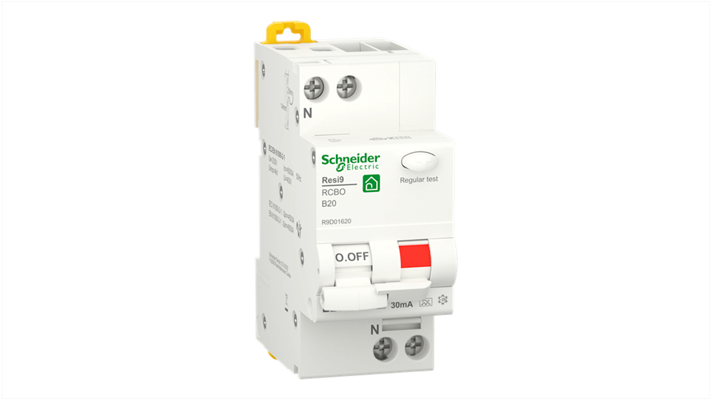 Schneider Electric RCBO, 20A Current Rating, 1P+N Poles, 30mA Trip Sensitivity, Type B, Resi9 Range